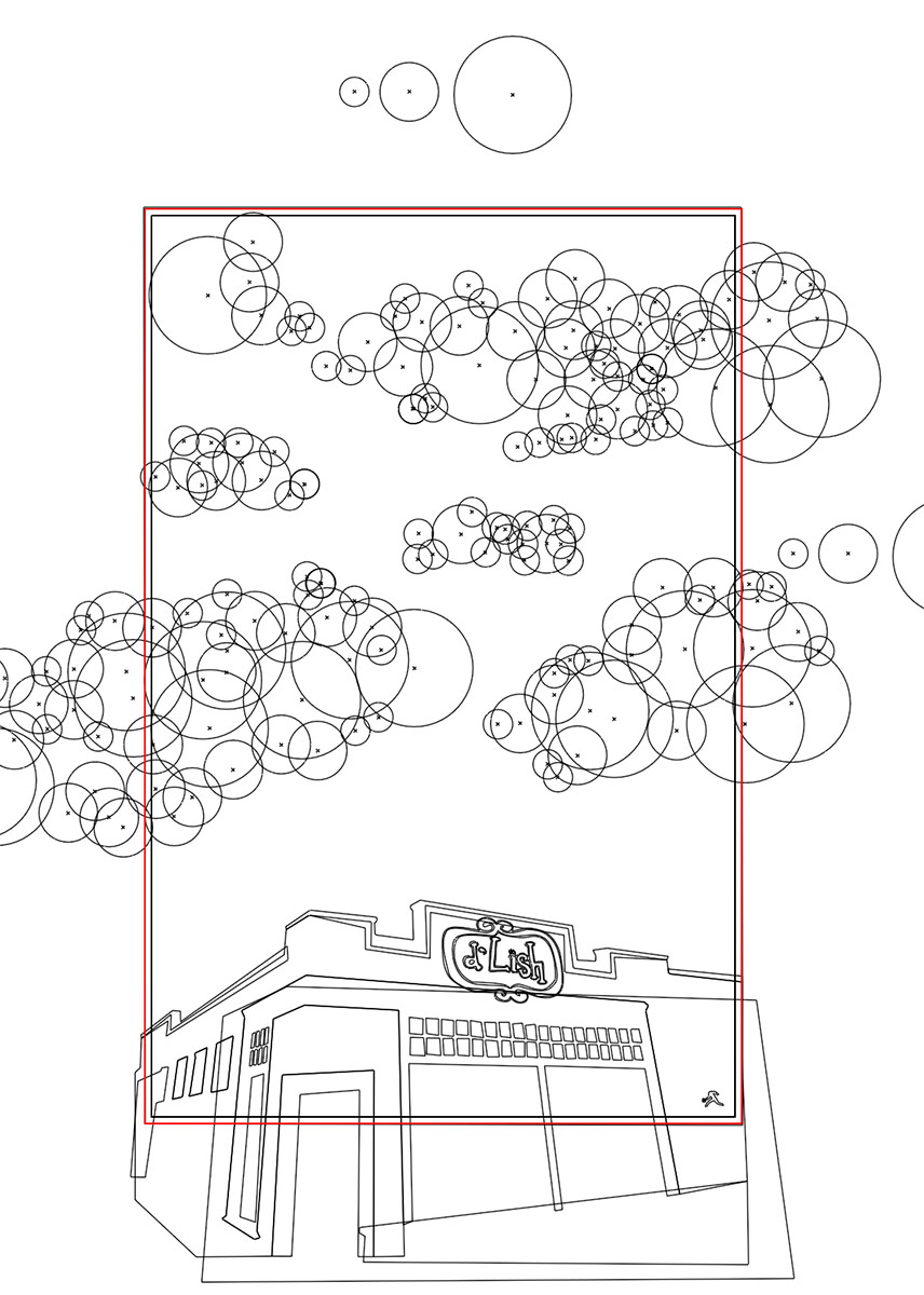 A screenshot of Illustrator's outline
            mode, showing the circle shapes that make up the clouds.