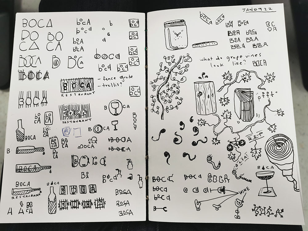 Rough ink sketches for BOCA logo