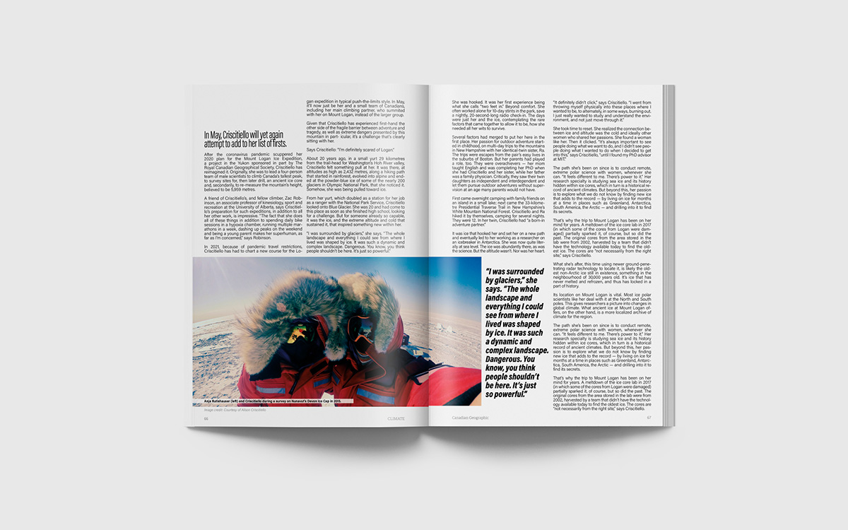 A magazine spread with four columns of text, one quotation callout, and a selfie photo of two goggled Arctic scientists
