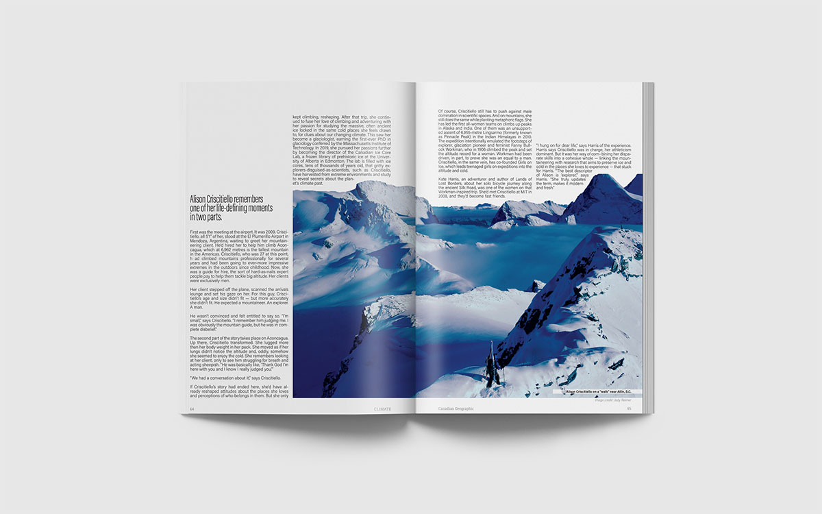 A magazine spread with four columns of text. The text column heights are staggered to represent a mountain range
